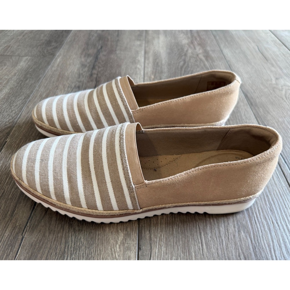 Clarks Collection‎ Womens 10 Tan White Striped Canvas Suede Slip On Loafers